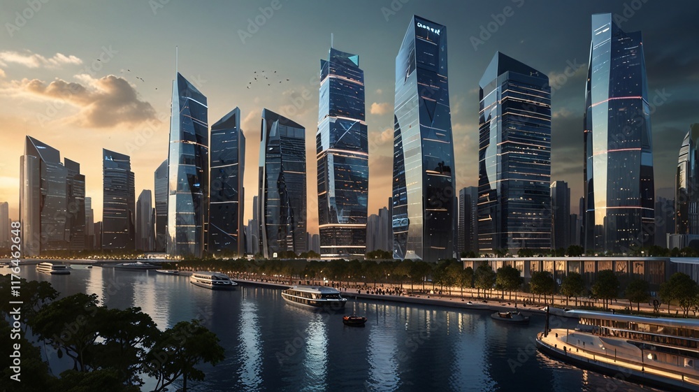 Obraz premium Futuristic Skyline at Sunset Vibrant Colors and Urban Energy V15