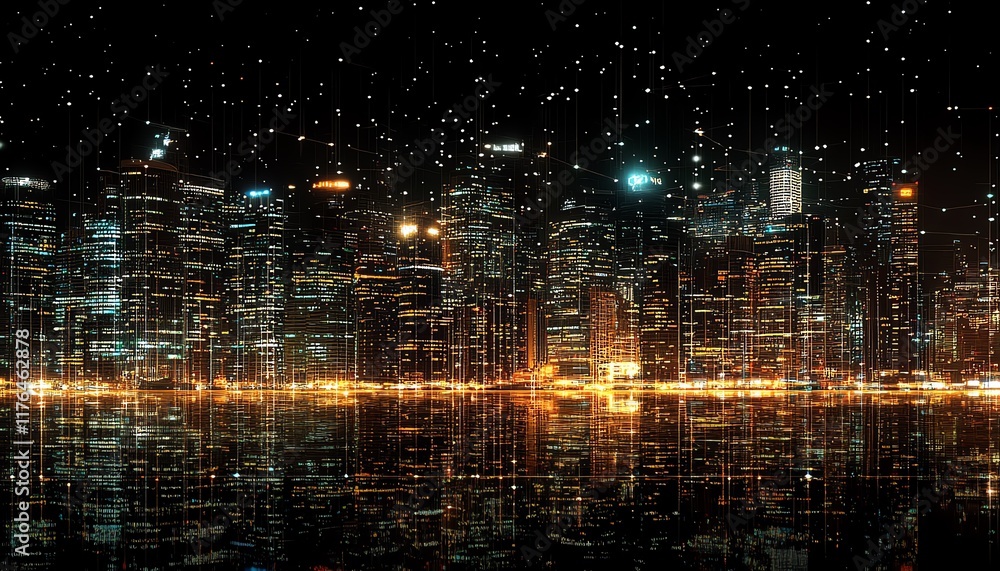 Fototapeta premium Cityscape at night enhanced with glowing digital mesh network lines, set against a dark background, symbolizing connectivity and the concept of a smart city