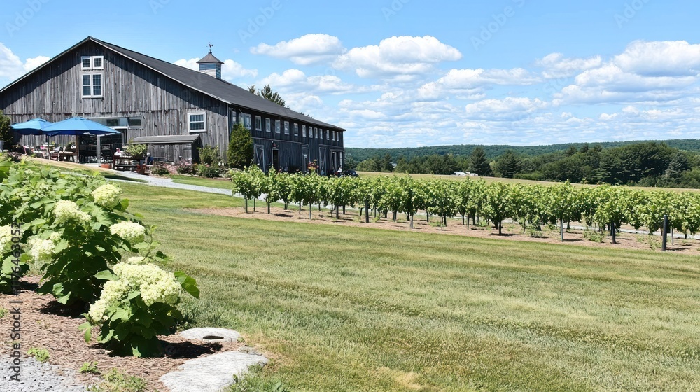 Rustic winery barn with grapevines under a partly cloudy sky.