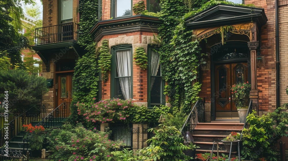 A charming brick house adorned with lush greenery and colorful flowers. A charming brick house adorned with lush greenery and colorful flowers.