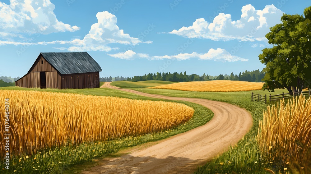 A peaceful rural farm scene with a winding dirt road, a barn, and a field of growing wheat A peaceful rural farm scene with a winding dirt road, a barn, and a field of growing wheat