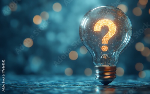 Futuristic lightbulb and question marks digital 3D rendering on a blue background, representing the fusion of ideas, creativity, and the exploration of questions