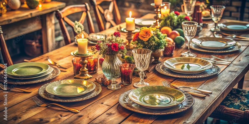 Fototapeta premium Vintage Dinner Table Setting: Overhead View of Elegant Place Setting