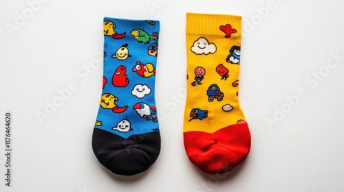 A funny pair of socks with mismatched cartoon designs placed neatly on a white background. photo