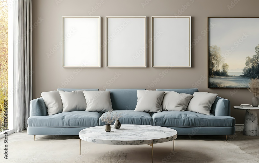 Modern living room interior with blank frames, blue sofa, and autumn view. Modern living room interior with blank frames, blue sofa, and autumn view.