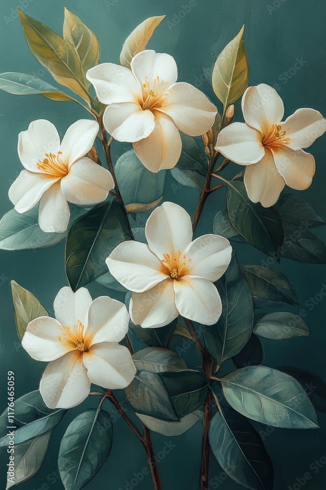Fototapeta premium Elegant white blossoms, dark green leaves, artistic painting.
