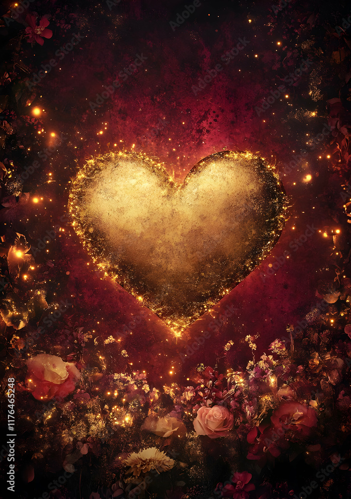 A golden heart surrounded by flowers and sparkles on a rich, dark background. A golden heart surrounded by flowers and sparkles on a rich, dark background.