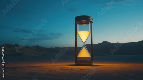 A giant hourglass filled with glowing sand suspended in the middle of a desolate desert, its shadow creating surreal patterns.