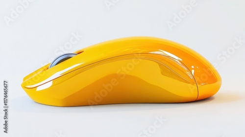 A glossy yellow computer mouse with a sleek design on a bright white background.