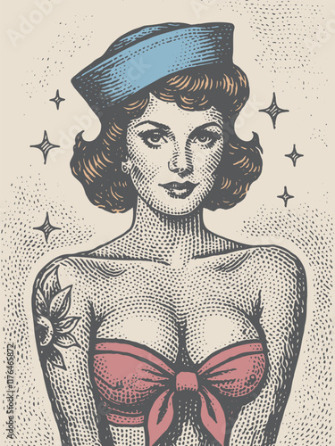 Pinup sexy girl in suit of stewardess vintage style