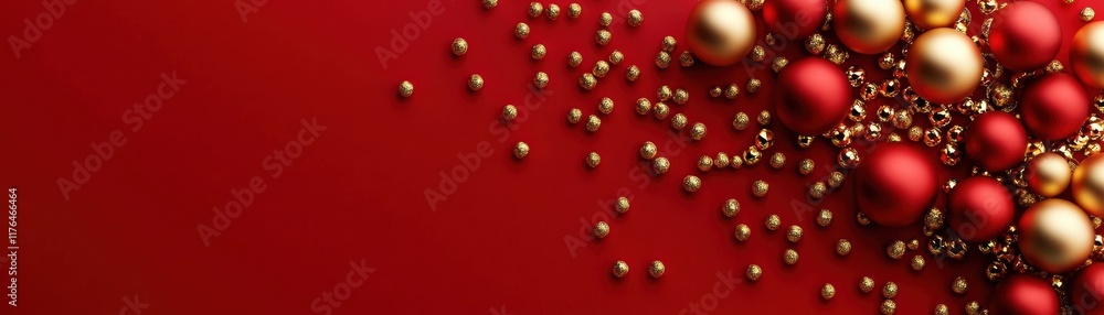 A festive arrangement of red and gold Christmas ornaments on a rich red background, evoking a warm holiday spirit. A festive arrangement of red and gold Christmas ornaments on a rich red background, evoking a warm holiday spirit.