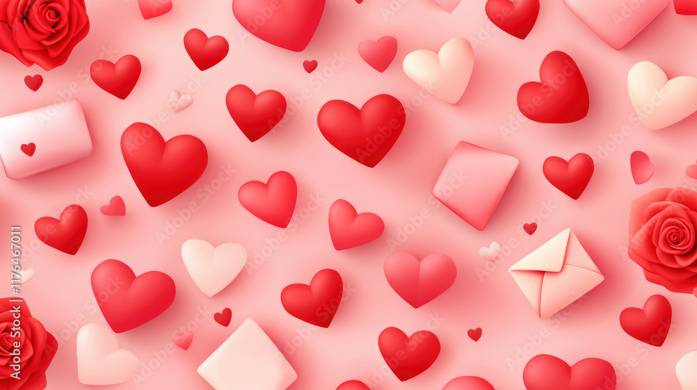 A romantic background featuring various hearts, envelopes, and roses in shades of red and pink, perfect for love-themed occasions. A romantic background featuring various hearts, envelopes, and roses in shades of red and pink, perfect for love-themed occasions.