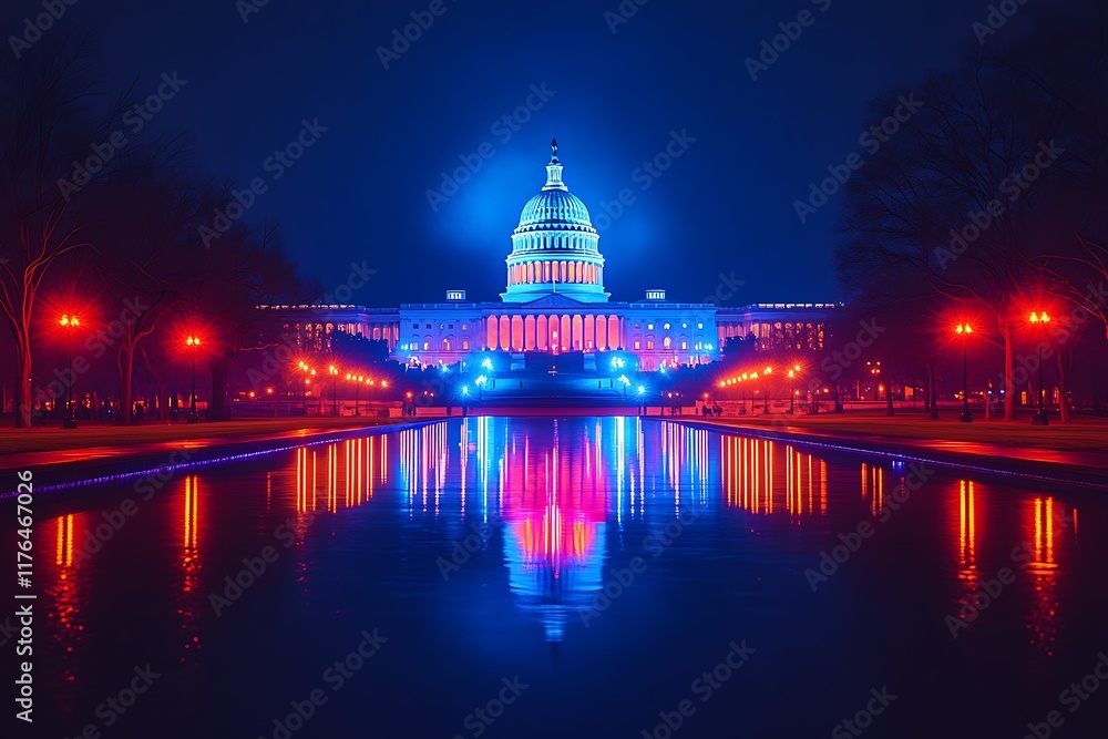 Obraz premium Night View of the US Capitol Building in Washington DC, illuminated with vibrant colors, reflecting in a calm pond.