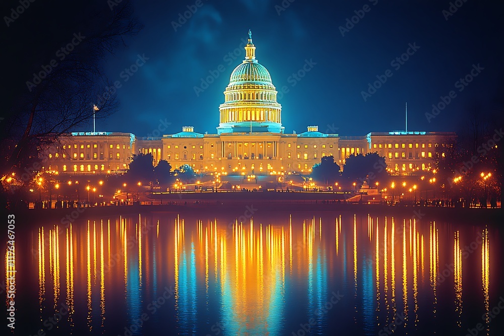 Obraz premium Night view of the illuminated United States Capitol Building in Washington, DC, reflecting beautifully in the calm waters.