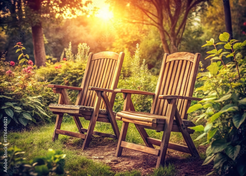 Fototapeta premium Vintage Garden Chairs: Rustic Charm in a Sun-Drenched Setting