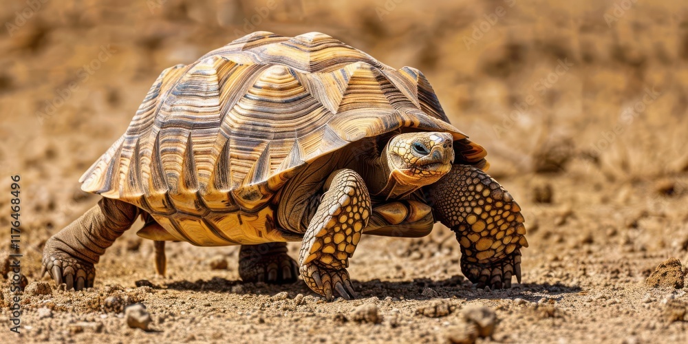 Fototapeta premium A close-up of a tortoise walking on dry ground, showcasing its detailed shell and texture.