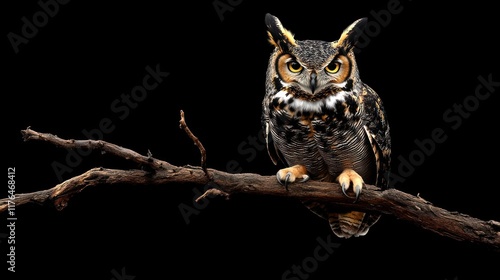 A majestic owl perched on a branch against a black background.