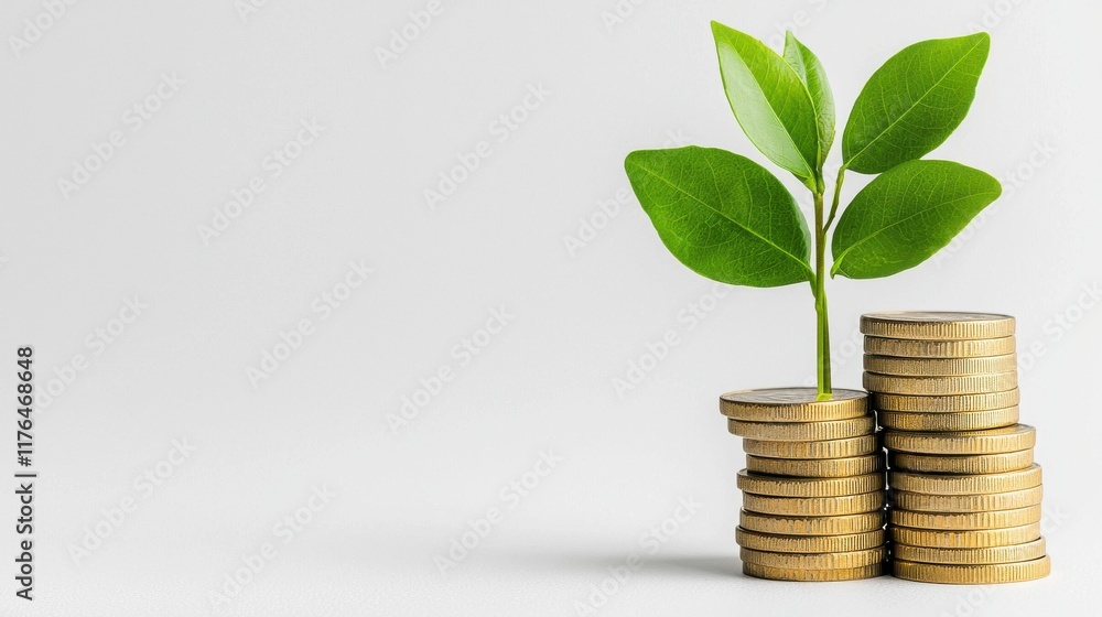 New Growth Concept with Coins and Fresh Green Plant Sprout New Growth Concept with Coins and Fresh Green Plant Sprout