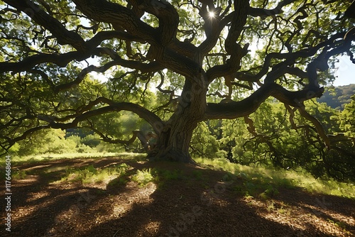 A majestic old oak tree dominates the scene, its sprawling branches reaching towards sunlight filtering through leaves. The ground is dappled with shadows, showcasing the trees immense size and age in