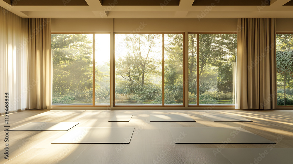 Obraz premium Sunlight filters into a serene yoga studio with nature views during morning hours