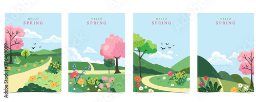 Spring landscape background with mountain and tree  for a4 vertical design