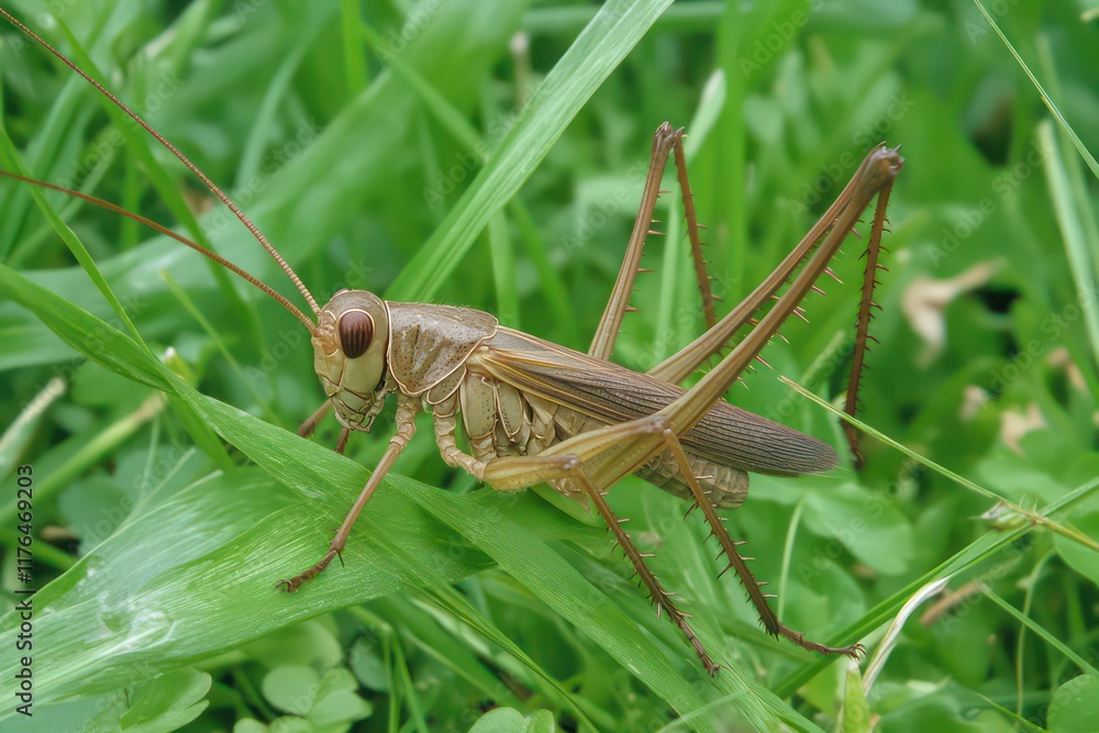 Fototapeta premium A dark bush-cricket perched on a green grass blade, its long antennae extending forward.