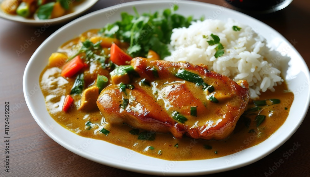 Succulent Pork Katsu Served with Rich Curry Sauce, Jasmine Rice, and Fresh Herbs on a Plate Succulent Pork Katsu Served with Rich Curry Sauce, Jasmine Rice, and Fresh Herbs on a Plate