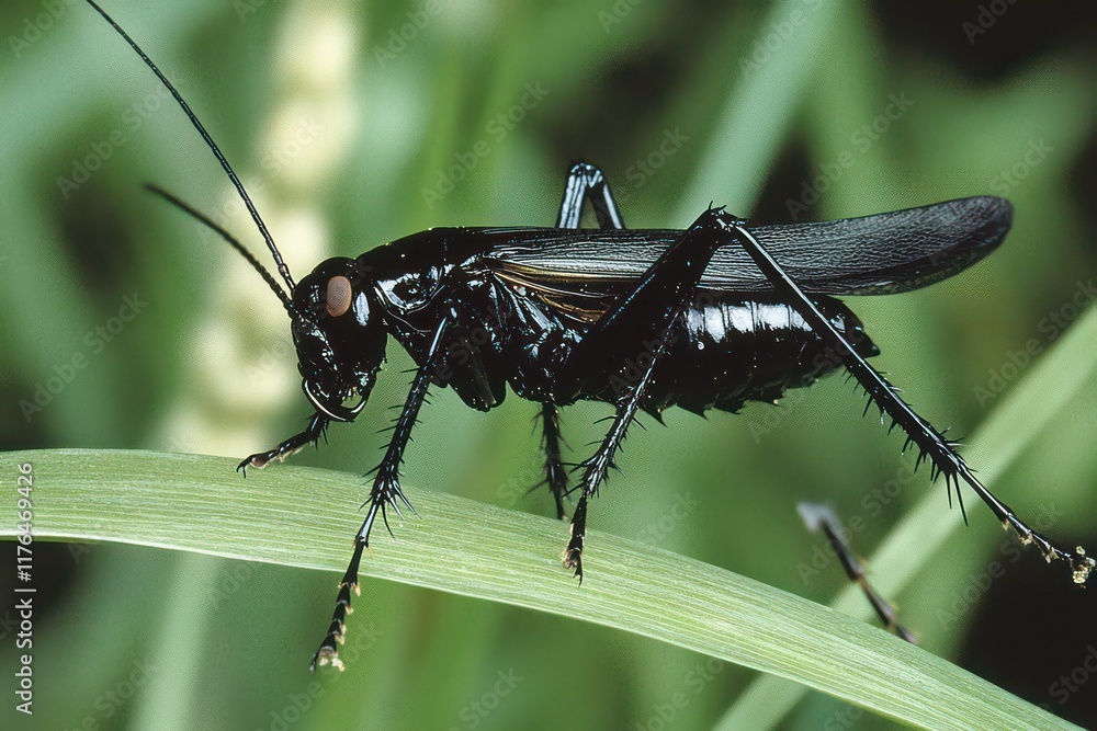 Fototapeta premium A dark bush-cricket perched on a green grass blade, its long antennae extending forward.