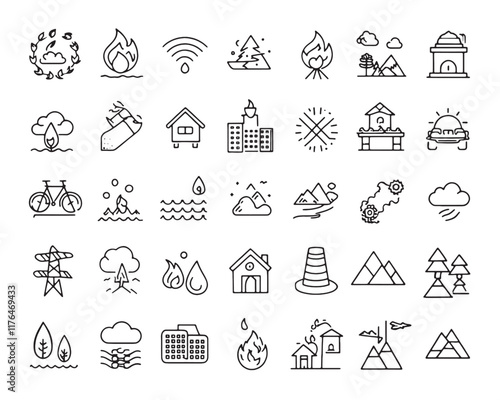 Natural disaster line art 50 icon set symbols