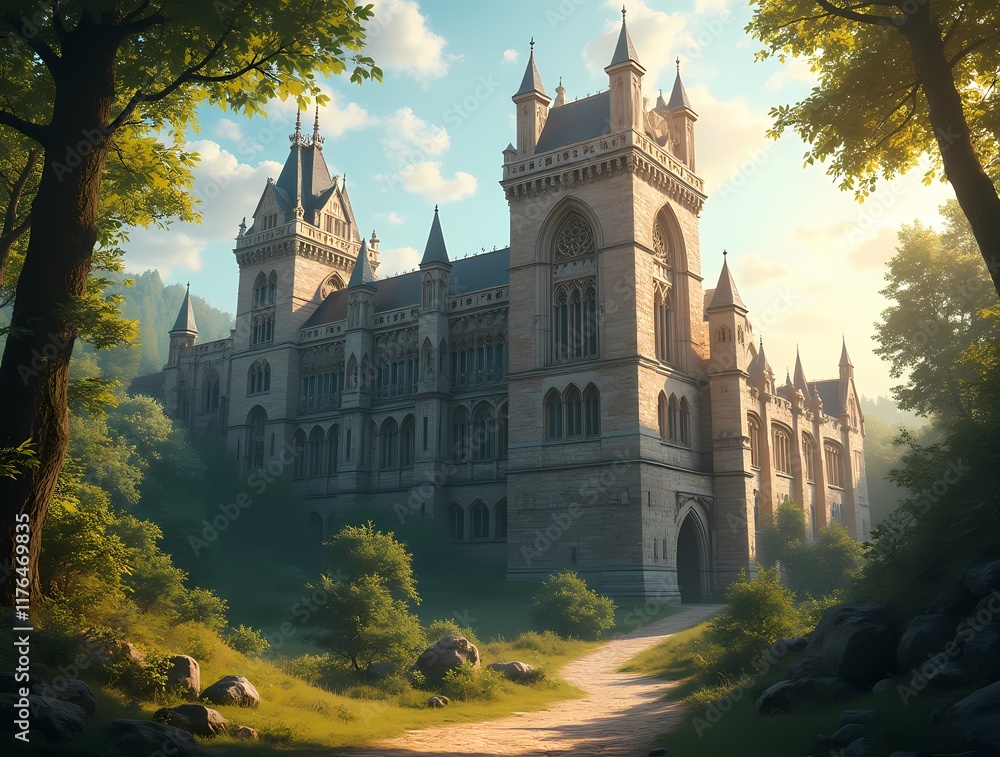 Fototapeta premium Gothic castle during the day in the bright summer sun, surrounded by a summer forest