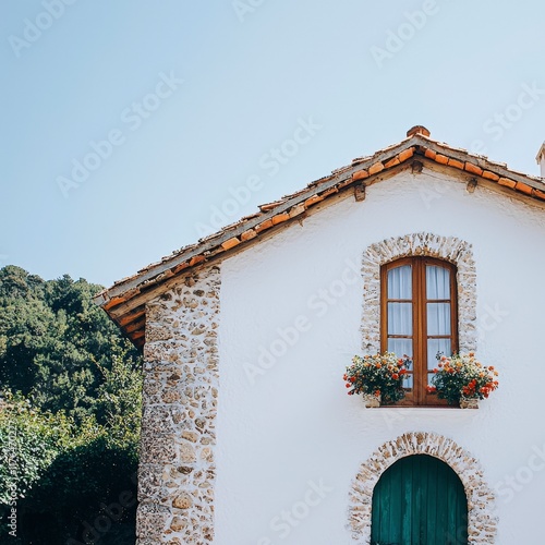 Charming Rustic Whitewashed House  Stone Wall  Window Boxes  Flowers  Mediterranean Archit photo