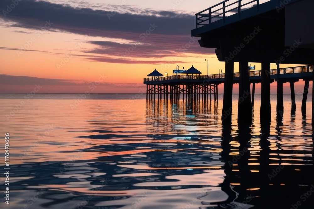 Serene Reflections - The Pier's Glow on Tranquil Waters.