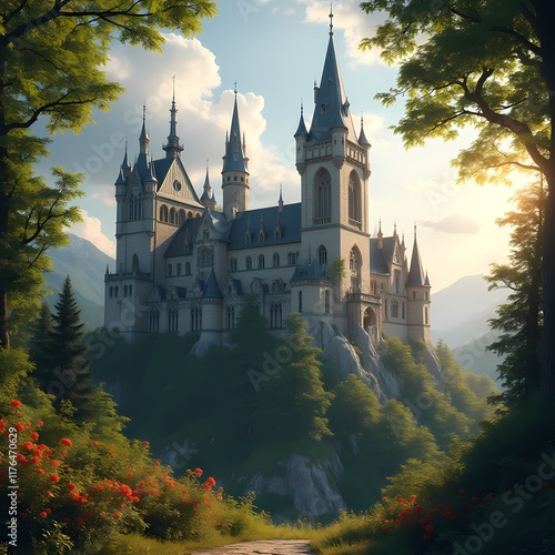 Wallpaper Mural Gothic castle during the day in the bright summer sun, surrounded by a summer forest Torontodigital.ca