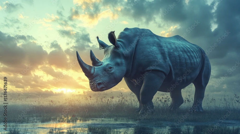 Fototapeta premium A majestic rhinoceros stands in a serene landscape at sunset, showcasing wildlife beauty.