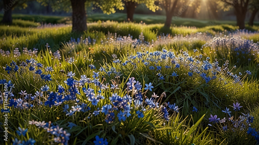 Obraz premium Serene Sunrise Meadow Blue Flowers and Gentle Morning Light V4