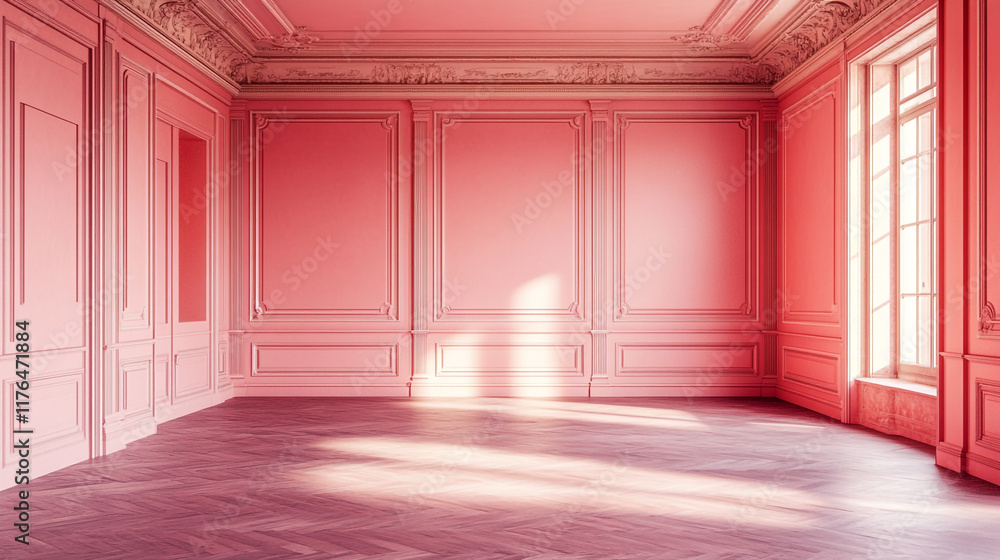 Elegant pastel room with soft light illuminating the pink walls and wooden floor Elegant pastel room with soft light illuminating the pink walls and wooden floor
