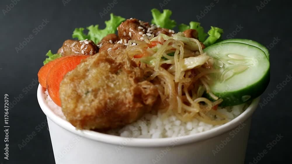 Teriyaki glazed chicken rice bowl with vegetables, noodle, sliced cucumber and wortel and mashed potatoes on black background. home business opprtunity Teriyaki glazed chicken rice bowl with vegetables, noodle, sliced cucumber and wortel and mashed potatoes on black background. home business opprtunity