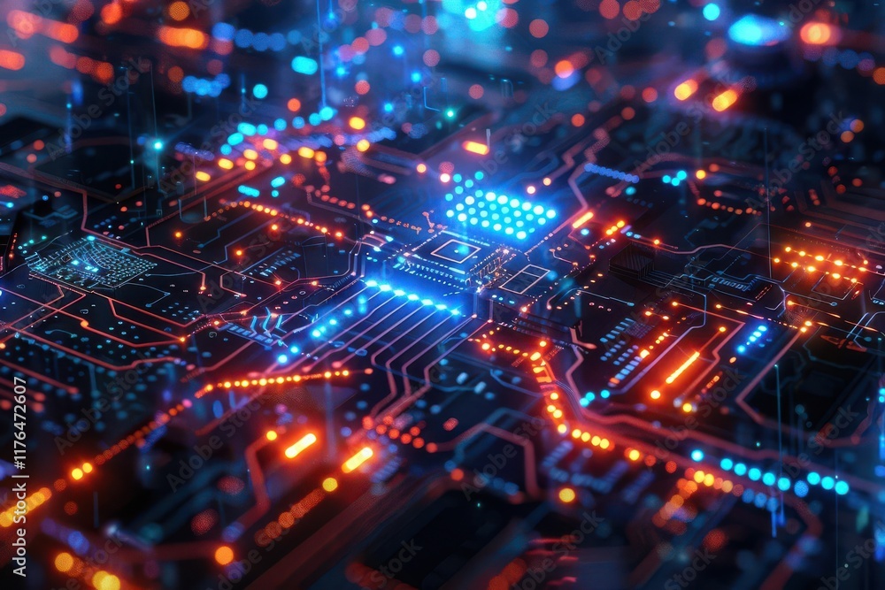 Obraz premium A close-up view of a vibrant circuit board with glowing lights and intricate pathways.