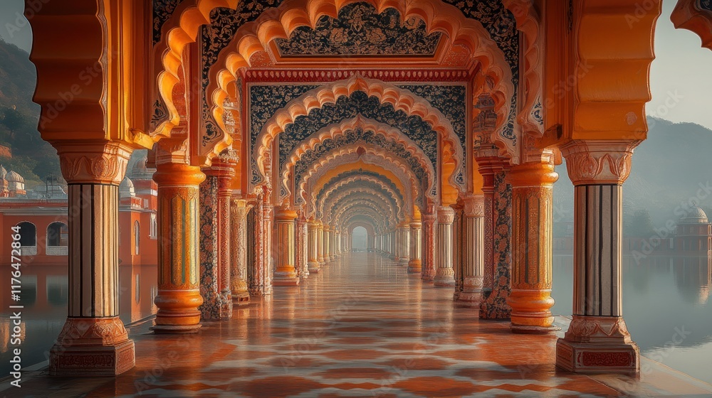 Obraz premium Ornate colonnade, water reflection, architectural marvel.