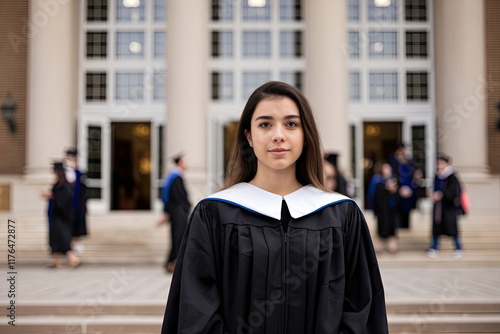 Young woman in a graduation gown, symbolizing academic success and ambition photo