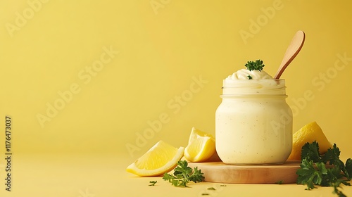 A glass jar of creamy mayonnaise with a wooden spoon, placed on a wooden board with lemon wedges and parsley, isolated on a soft yellow background styled for kitchen use