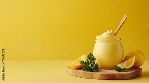 A glass jar of creamy mayonnaise with a wooden spoon, placed on a wooden board with lemon wedges and parsley, isolated on a soft yellow background styled for kitchen use