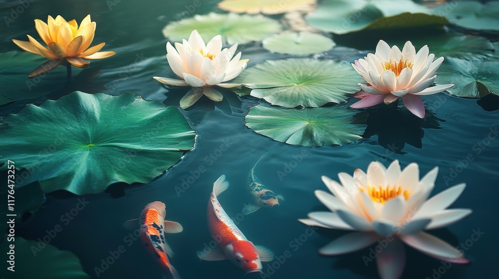 Tranquil Pond Oasis, serene water surface reflecting lotus blooms, graceful koi fish gliding, surrounded by lush greenery and peaceful ambiance Tranquil Pond Oasis, serene water surface reflecting lotus blooms, graceful koi fish gliding, surrounded by lush greenery and peaceful ambiance