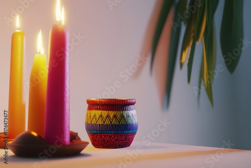 A table with a vase and candles on it photo