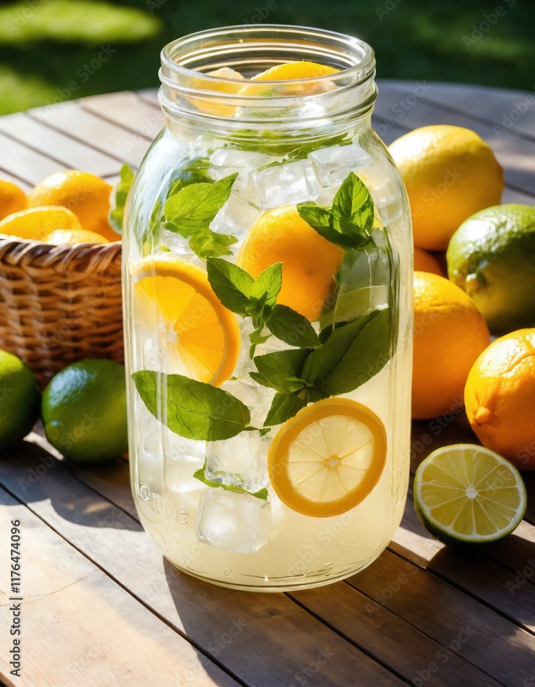 Summer Lemonade Jar with Citrus Fruits and Ice Summer Lemonade Jar with Citrus Fruits and Ice