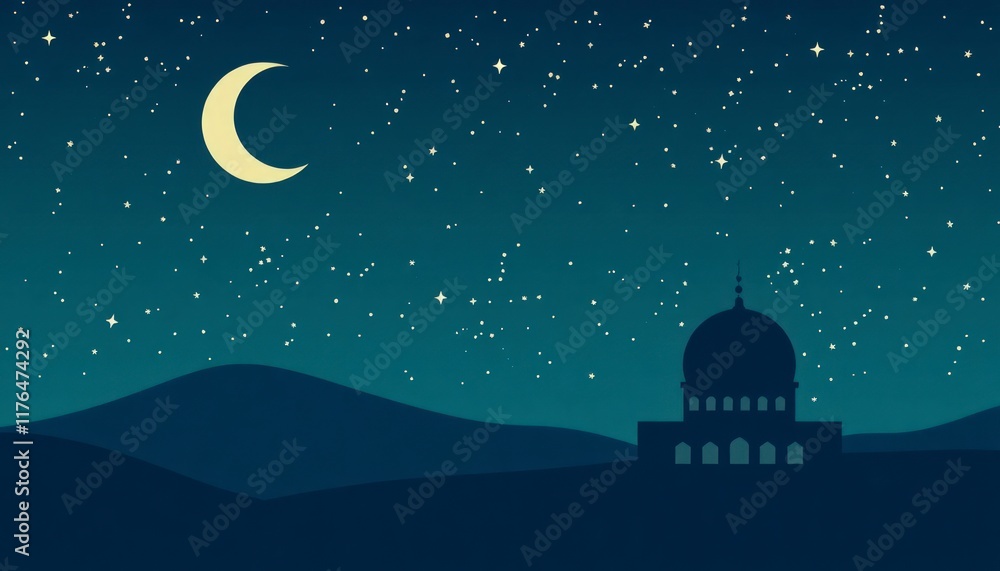 Naklejka premium mosque and moon and stars with gradient background