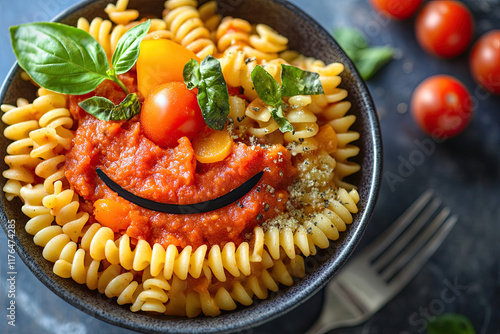 A bowl of vegan pasta with tomato sauce and veggies forming a smile photo