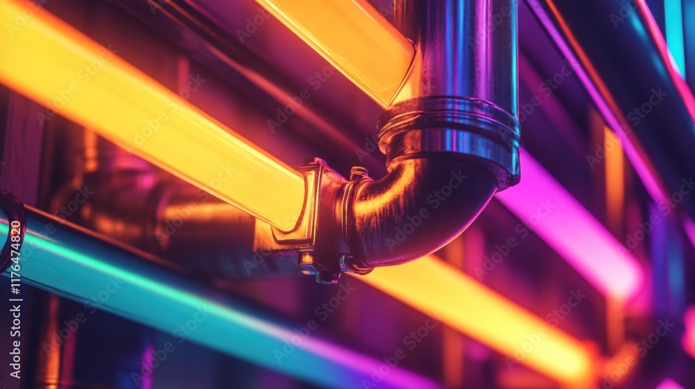Vibrant close-up of illuminated industrial electrical conduits showcasing intricate designs and vivid colors in a dynamic arrangement Vibrant close-up of illuminated industrial electrical conduits showcasing intricate designs and vivid colors in a dynamic arrangement