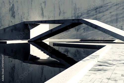 A sleek, black bridgelike structure reflects in a still, dark pool. Minimalist design, angular lines, and a modern aesthetic are prominent. The background features a textured grey wall. photo