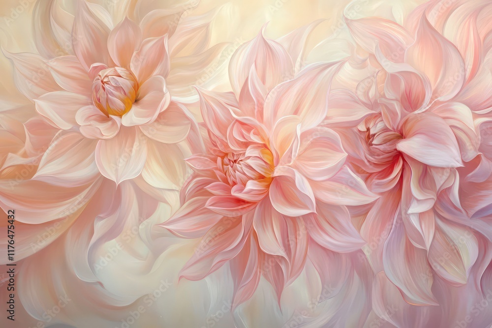 A detailed perspective of pink and cream-colored dahlia blooms gently moving in the wind, capturing their natural beauty on a sunny day. A detailed perspective of pink and cream-colored dahlia blooms gently moving in the wind, capturing their natural beauty on a sunny day.